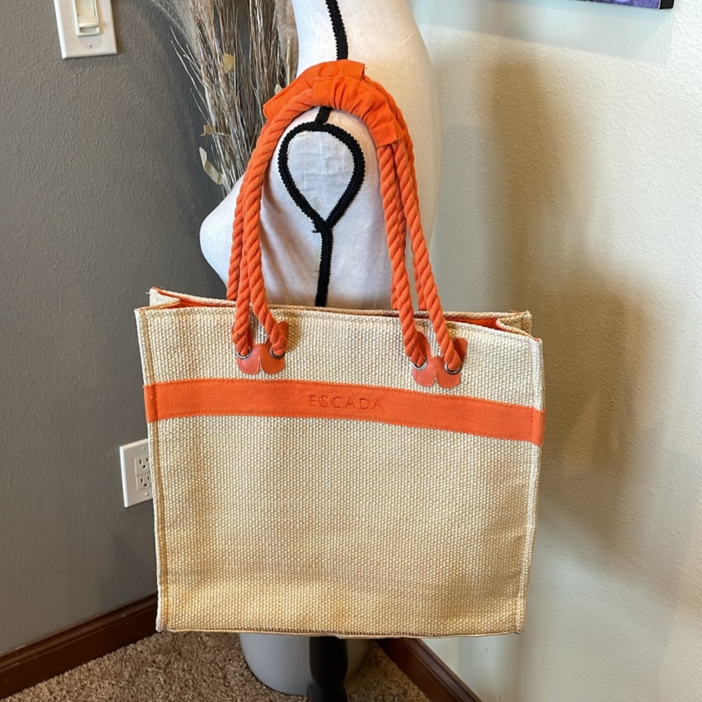 Escada Butterfly Raffia Tan & Orange Woven Leather Rope Beach Bag Tote